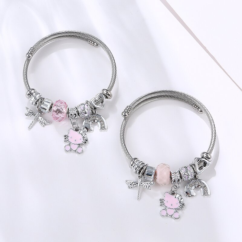 【Hottest Trends】Korean Style Cute Fresh Cat Crystal Rainbow Dragonfly Titanium Steel Wire Bracelet Women's Bracelet Bracelet
