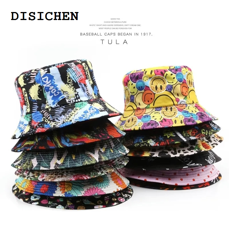 DISICHEN Fifty percent discount Panama Bucket Hats Animal Letter Print Fisherman Hat Summer Sun Hats For Women Men Reversible Fishing Cap