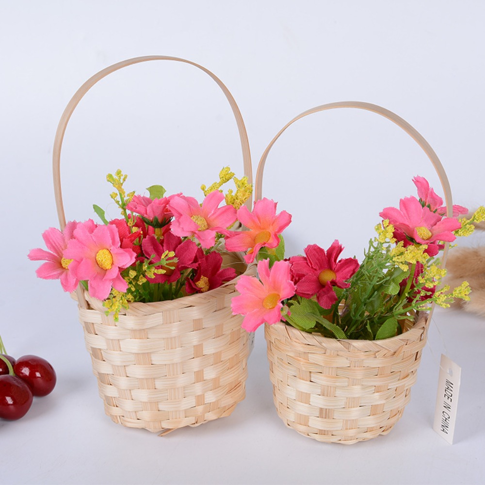 New Handmade Storage Basket Large Capacity Durable Rattan Fruit Basket Long Handle Multifunction Bamboo Flower Basket