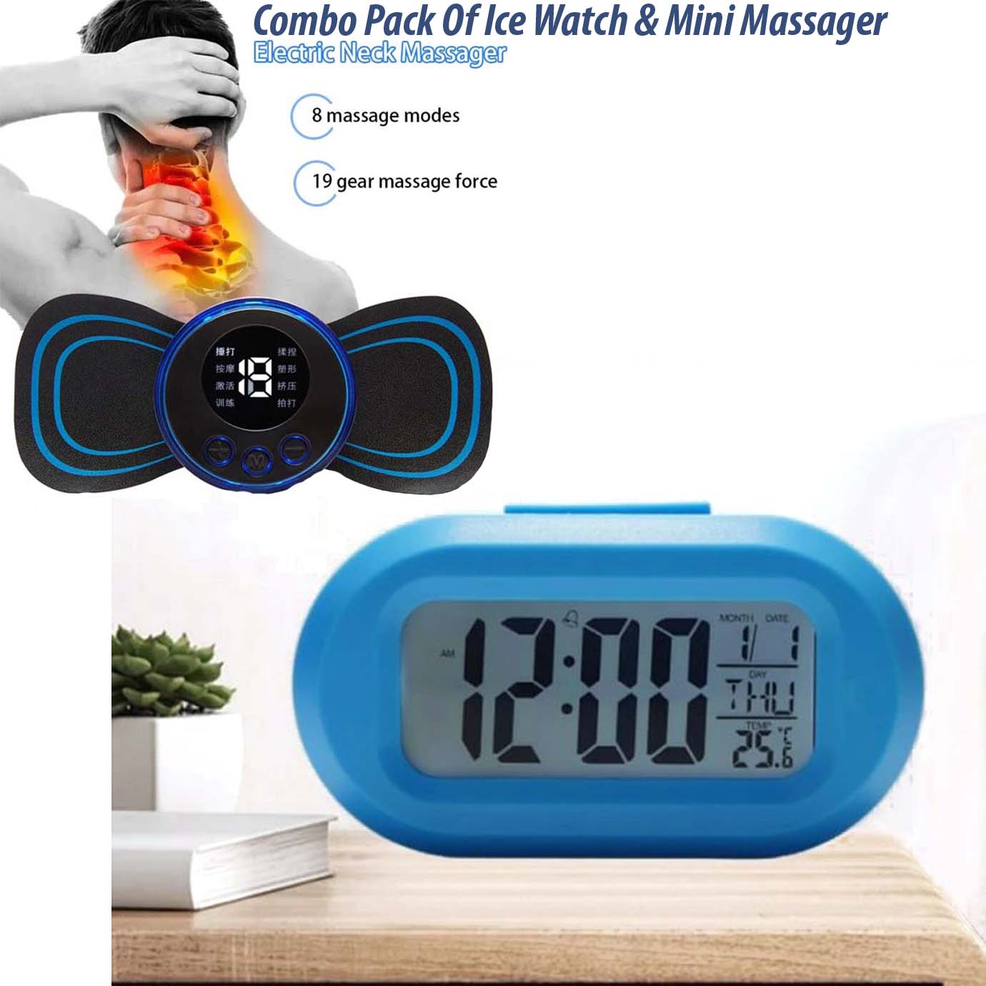 Multifunctional Portable Small Size Table Clock (Blue) & Mini Massager Combo Pack || Sold By Watch House