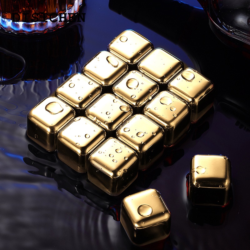 DISICHEN Portable Reusable Stainless Steel Ice Cubes Quick-frozen Gold Metal Ice Pellets Cooling Stones Cooler for Drink Bar Tool