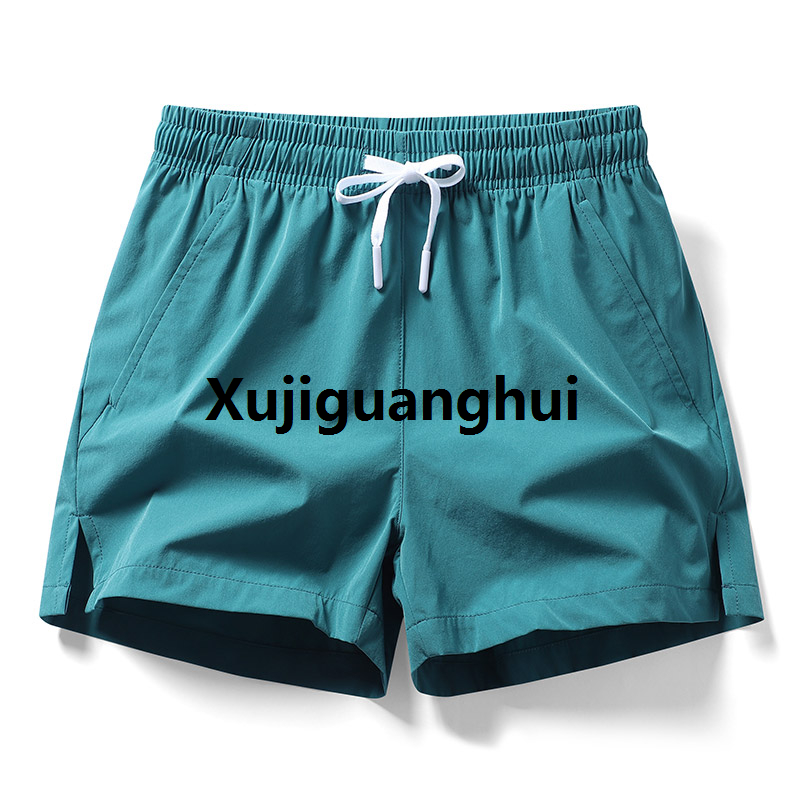 Xujiguanghui 2024 Summer Men's Casual Split Beach Shorts for Sports, Fitness, Running, Elastic Quick Drying Ice Silk Solid Color Quick Drying