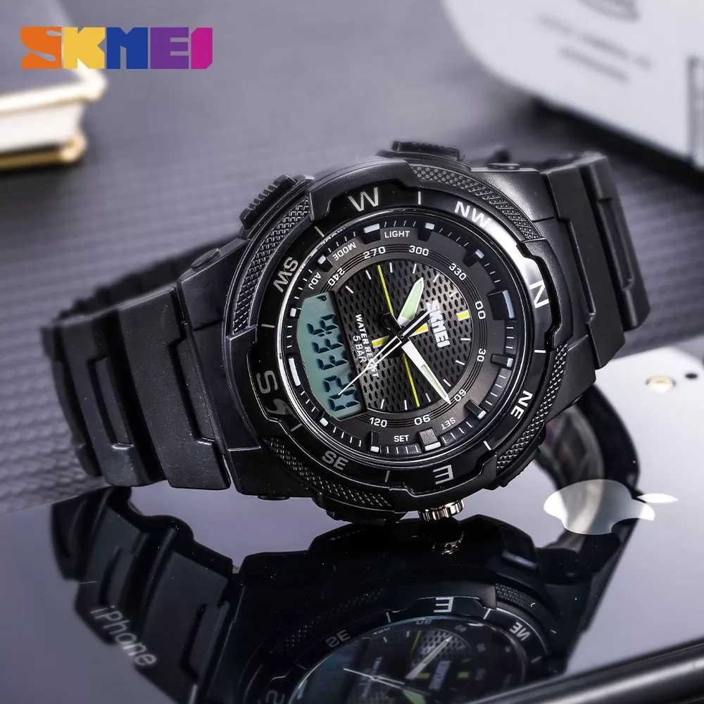 Conquer Your Day in Style: The SKMEI 1454 Dual Time 50M Waterproof Silicon Outdoor Sporty Watch for Men- Black