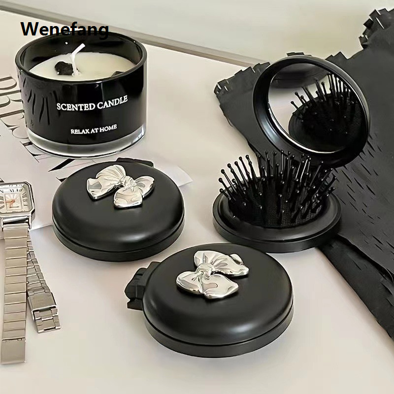 Wenefang Cute Folding Massage Comb With Makeup Mirror Travel Portable Plastic Airbag Small Comb Hair Brush Bow Tie Air Cushion Comb