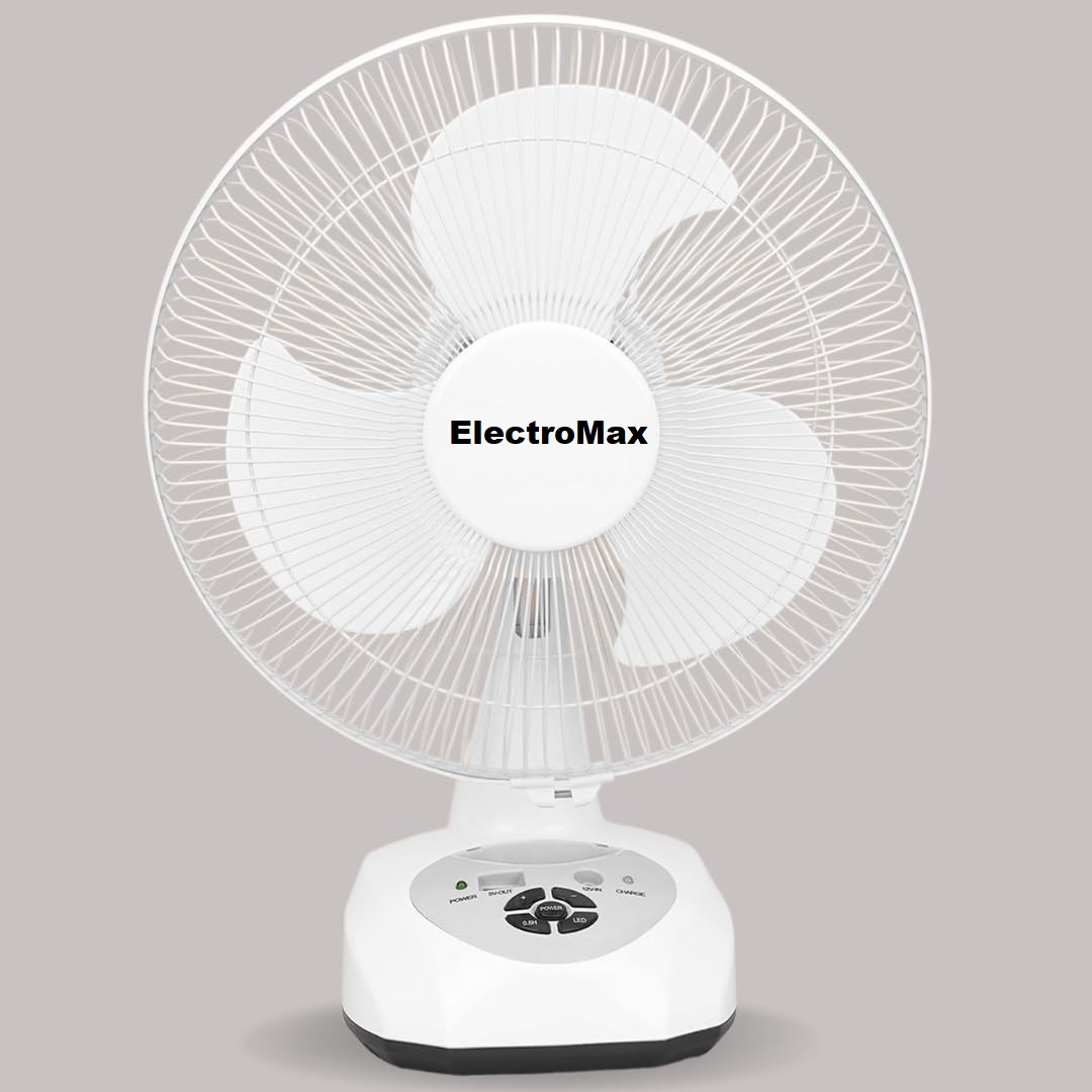 Electromax 12 Inch Rechargeable Table Fan Moveable And Good Backup Oscillating Rechargeable Fan || Battery Fan || 1 Year Service Warranty AC/DC Table fan