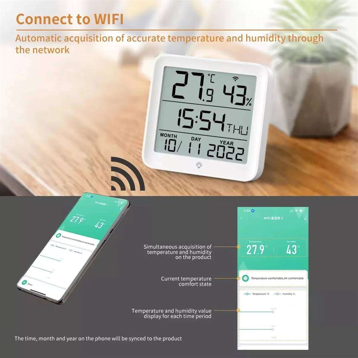 Thermo-Hygrometer Digital Tuya WIFI Time Clock Date Thermometer Hygrometer Backlight Temperature