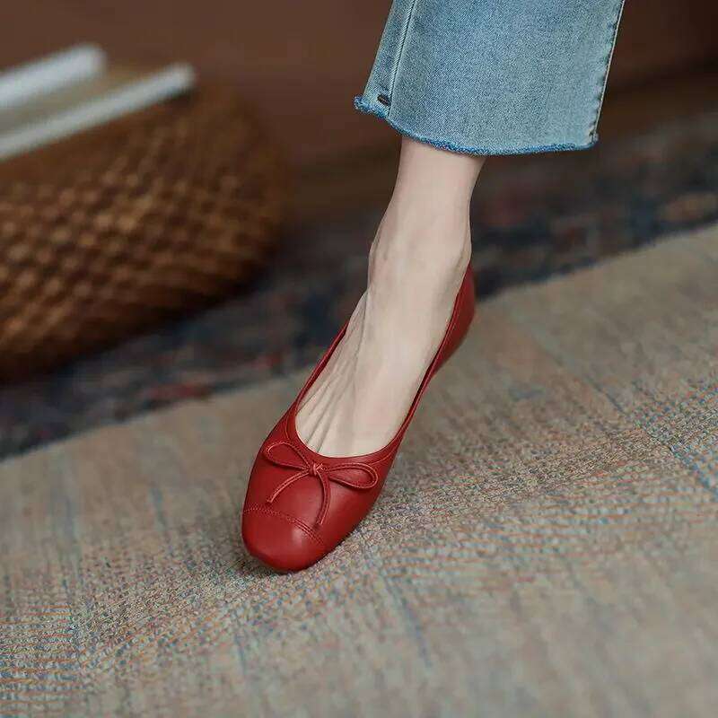 Red With Bow Leather Casual Kawaii Flat Cute Moccasins Flats Ladies Footwear Womens Shoes Round Toe Trend Chic Point Y2k
