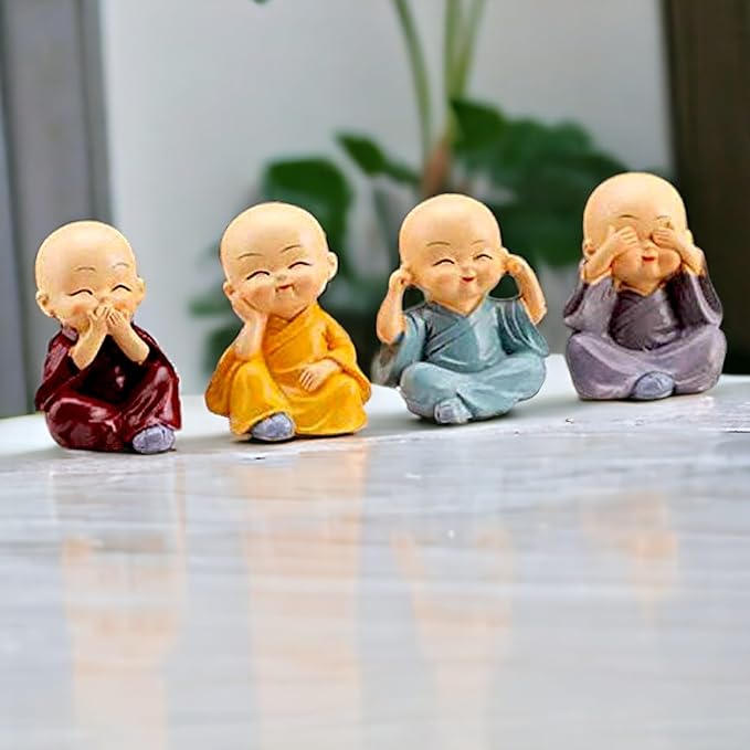 Buddha Monk Statues, Small, Multicolour, Set of 4 Buddha Figurine good luck Sculpture Decoration for Indoor Outdoor Garden car dashboard Porch Yard Art Decor