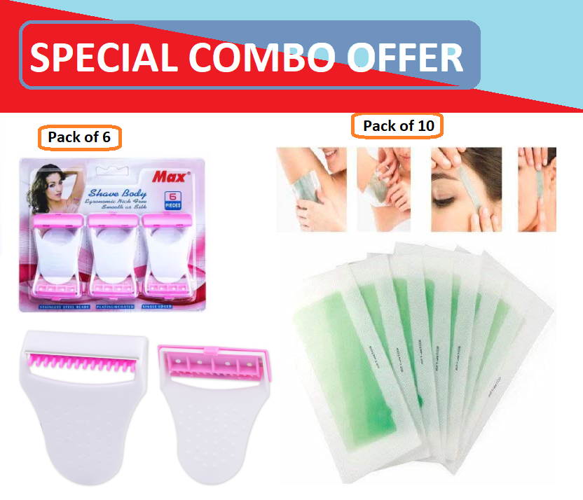 Special Combo Offer of Ladies Body Shave Razor Pack of 6 and Wax Strips Pack of 10