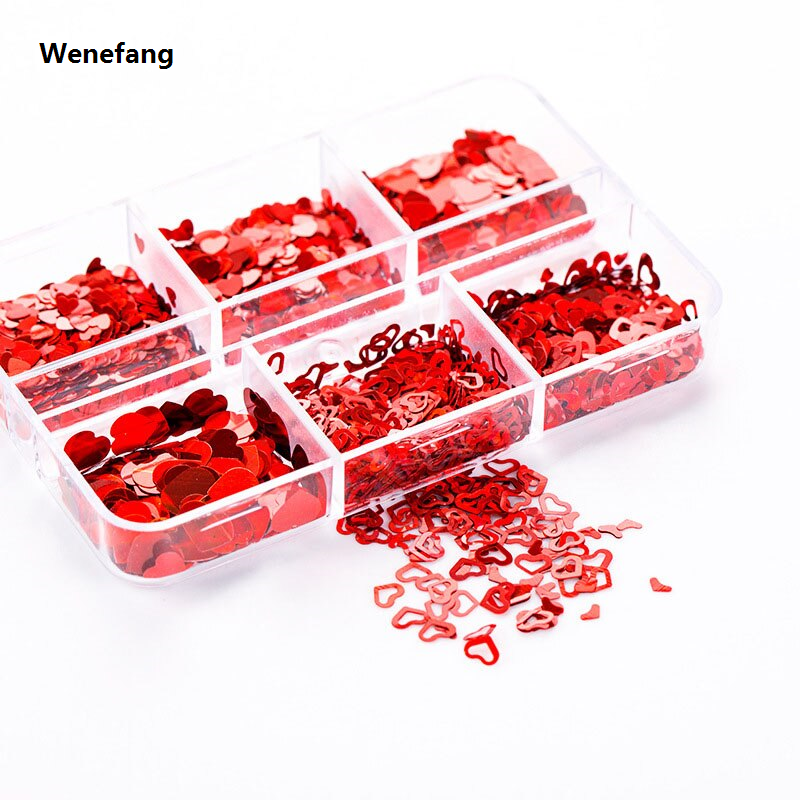 Wenefang 6 Grids Mixed Love Heart Nail Glitter Red Flake Sequin Decorative 2025 New Accessories For Valentines Day Professional Nail Art Supplies
