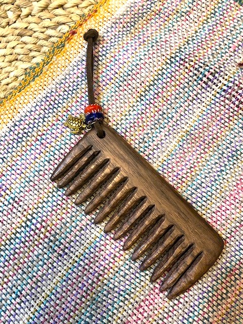 Handmade Wooden Combs for Women w/Beads & Brass Charm
