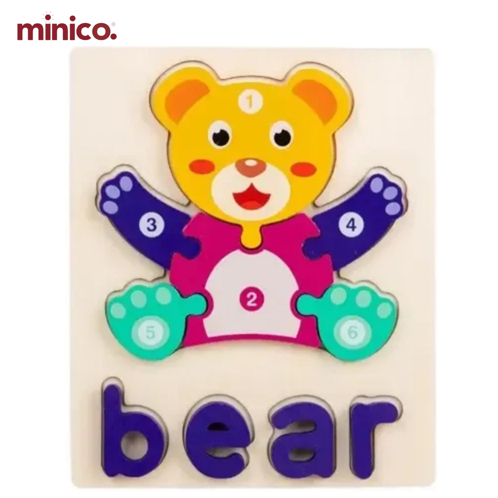 Minico Colorful Wooden Owl Shaped Puzzle - Montessori 3D Jigsaw for Toddlers | Number & Animal Name Learning Toy for Baby & Toddlers