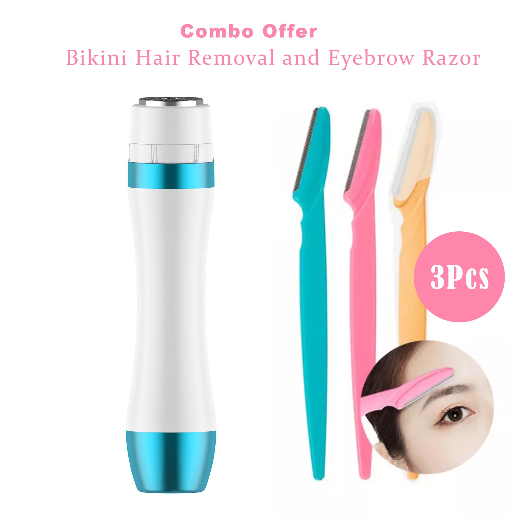 2-in-1 Combo for Women - Electric Bikini Trimmer & Painless Shaver with Twin Blade Epilator + 3PCS Portable Eyebrow Razor Set | Hair Removal Kit for Face, Underarms & Legs