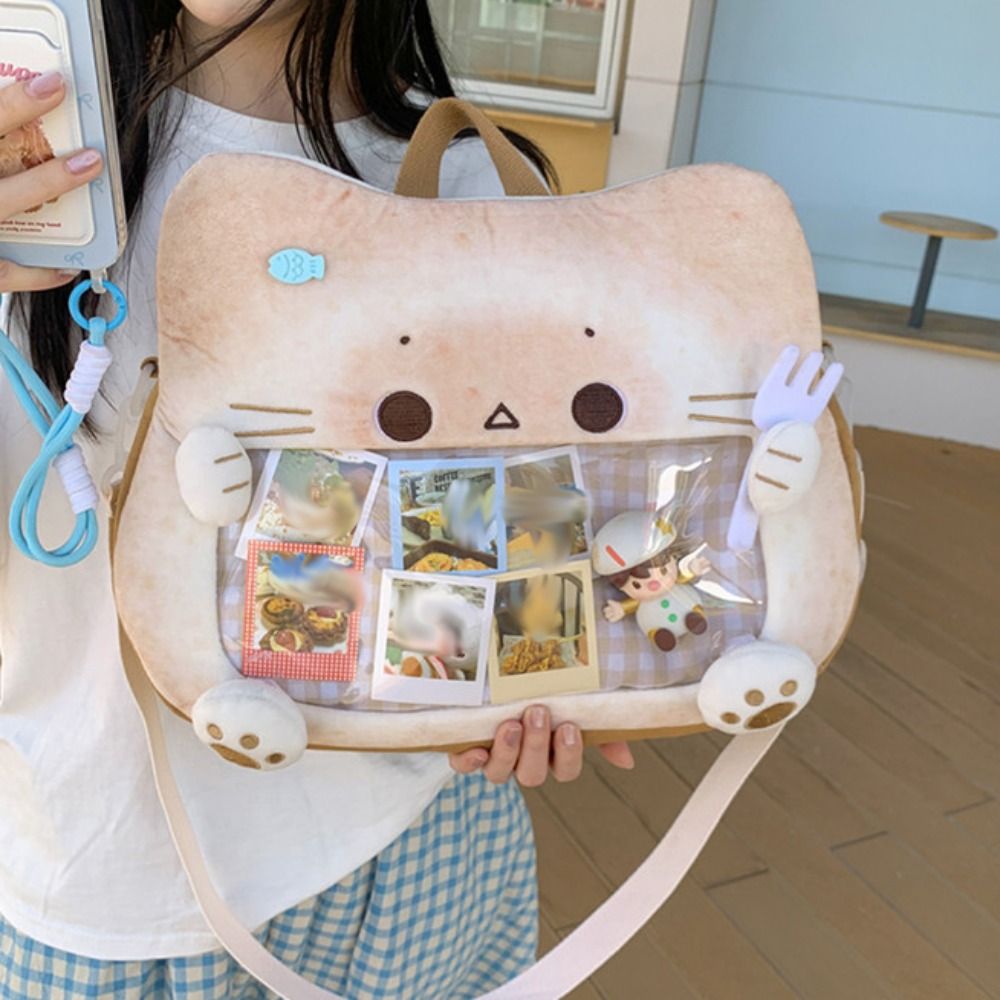 Portable Zipper Bag Kawaii Biscuit Cat Itabag Cotton Doll Bag Idol Merchandise Storage Transparent Pocket Badge Storage Bag Small Item Bag Fashion Backpacks Gift