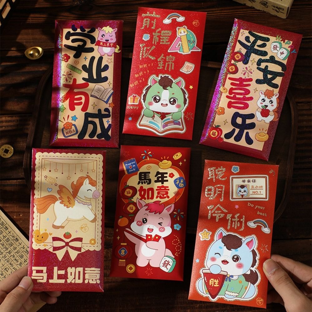 6pcs Festival Gift Cartoon Red Envelopes Best Wishes Traditional Red Bag Cute Hongbao Horse Year