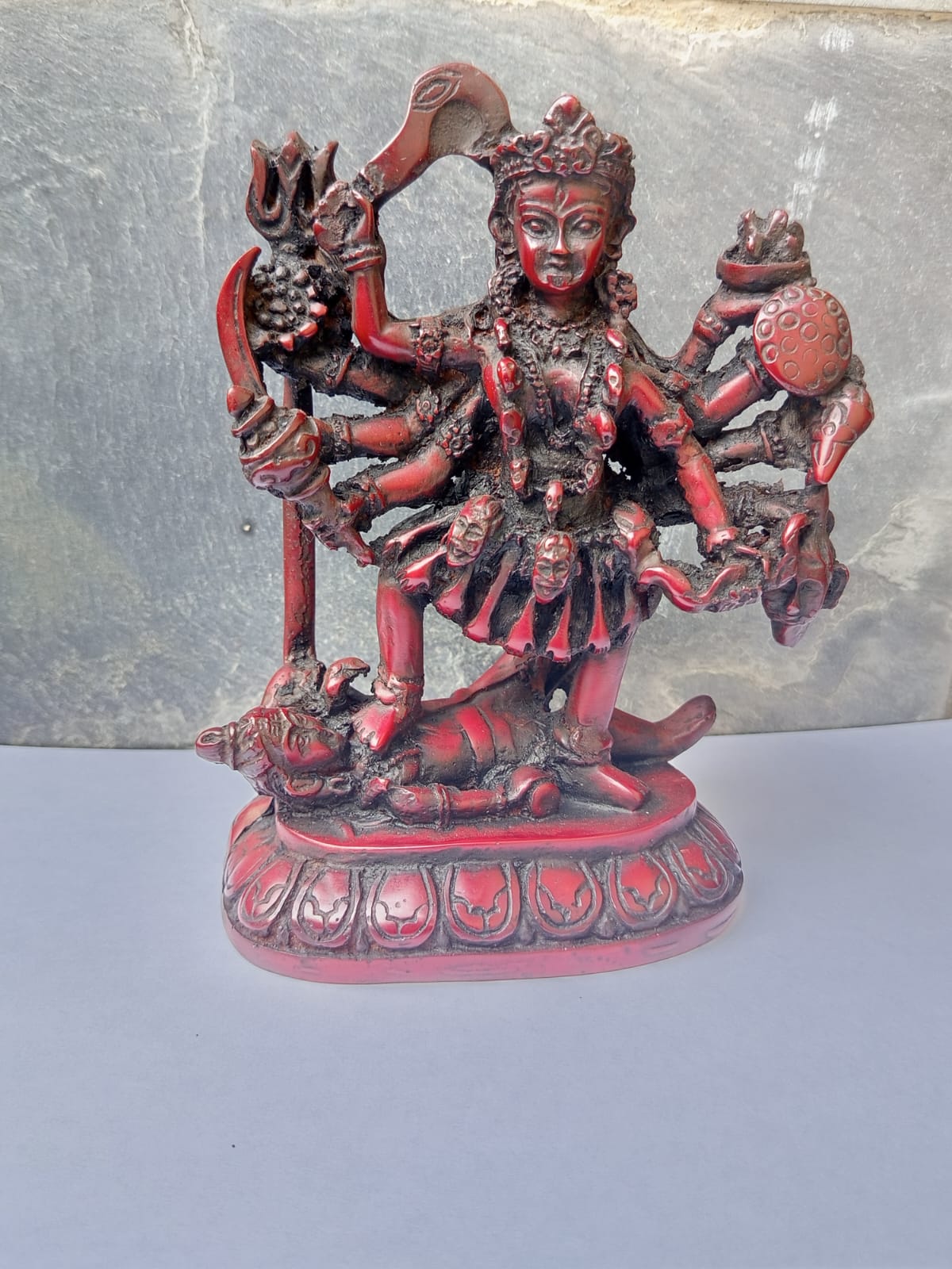 Kali Maa Statue, 6 inches Red Marble Kali Maa Standing on Shiva, Special Hindu Goddess in Red Marble, Powerful Goddess Maa Kali for Home Temple