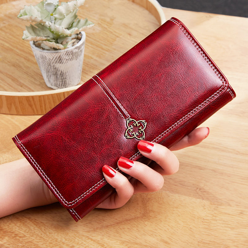 Wholesale wallet women's long vintage oil wax leather large capacity clutch bag new mobile phone bag two-fold multi-card