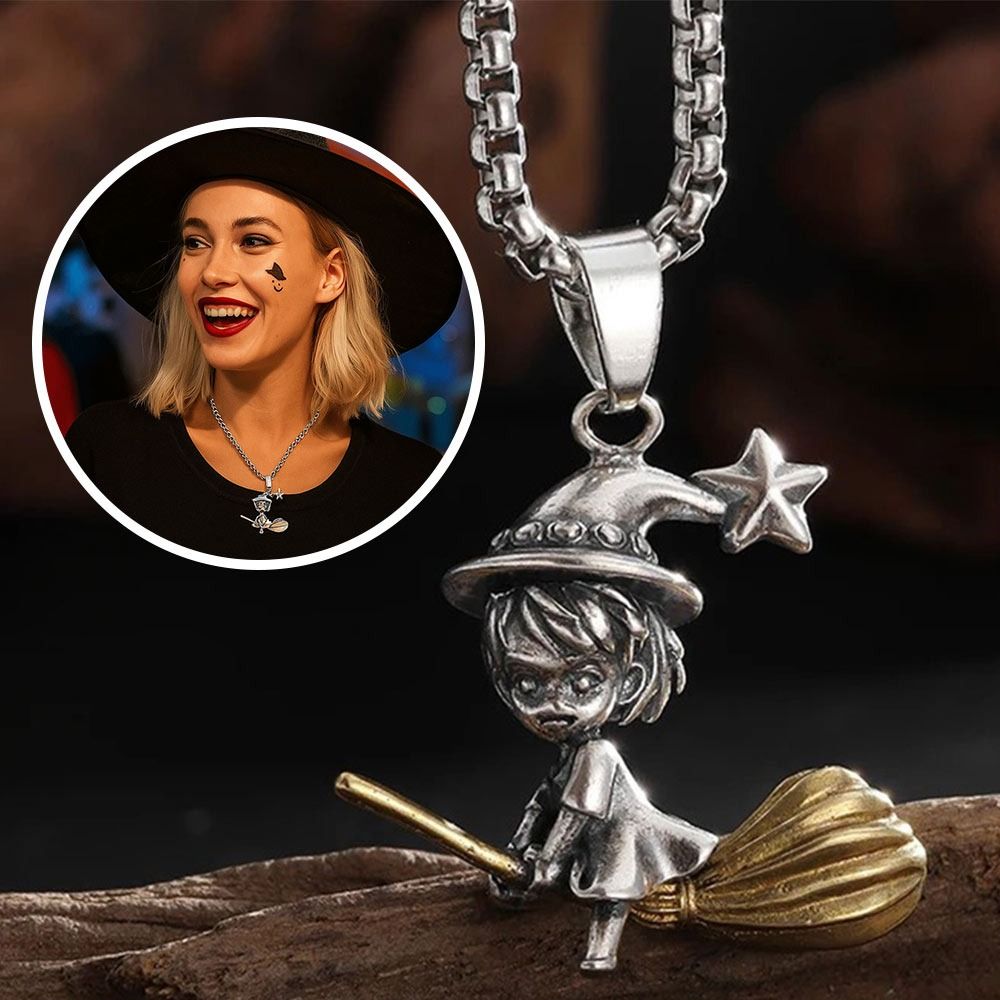 Funny Vintage Witch Broom Necklace Metal Party Gift Long Necklace Magic Girl Pendant Sweater Chain Halloween
