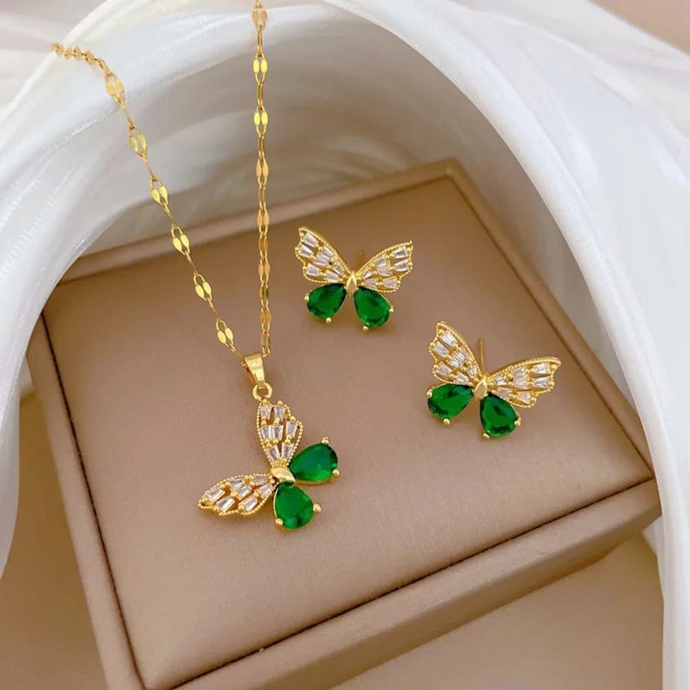 Stainless Steel Butterfly Jewelry Unique Lightweight Gorgeous Necklace Earrings Set Hollow Fashion Stainless Steel Jewelry for