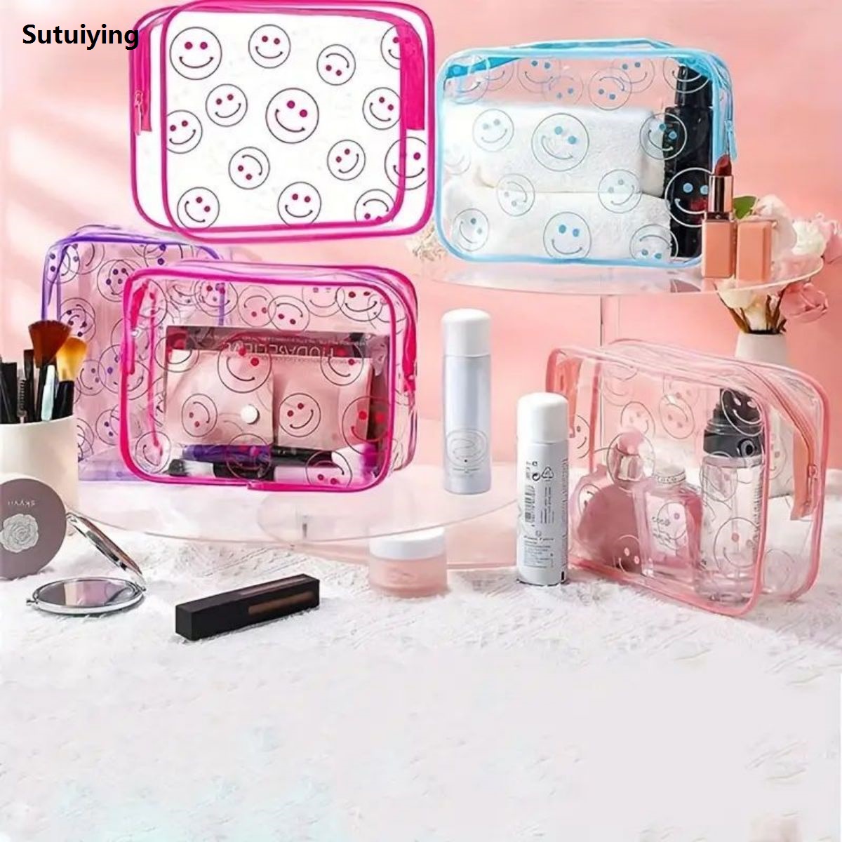 Sutuiying 1pc Smile Face Storage Bag, Transparent Waterproof Makeup Toiletry Fifty percent discount Bag With Zipper, PVC Large Capacity Travel Sundry Bag, Travel