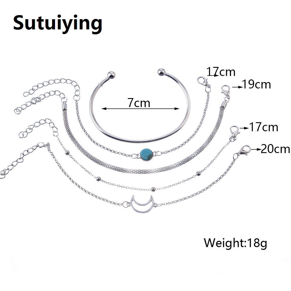 Sutuiying Fashion Geometric Stone Charm Bracelet Set For Women Retro Silver Color Moon Wrist Chain Open Bangle Lady Trendy Boho Jewelry