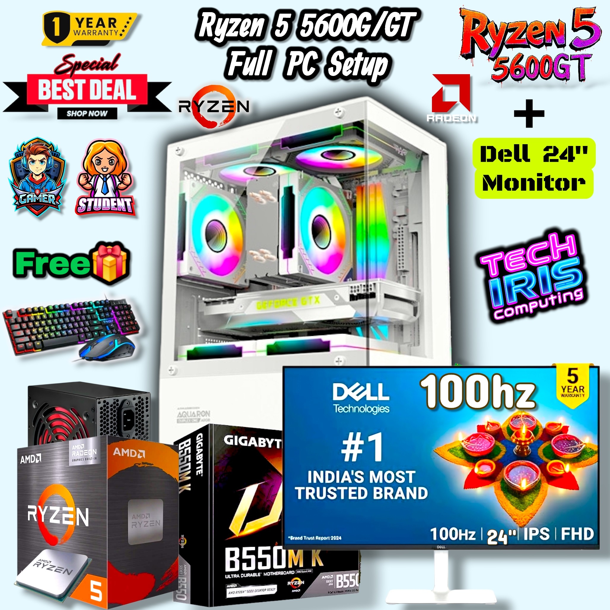AMD Ryzen 5 5600G/GT Pairs Dell 24" 100hz Monitor Transparent Gaming PC Setup With 800Watt PSU, B550M/A520M Board, 8/16GB DDR4 RAM, 512/256GB Nvme M.2 SSD Gaming CPU Desktop.