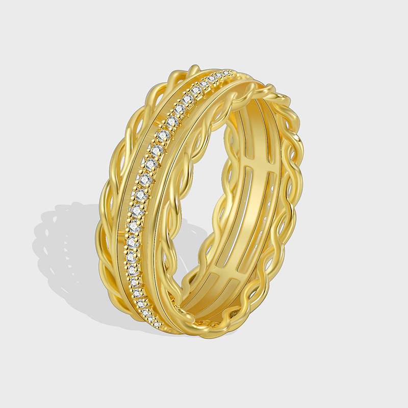 【Exclusive Offer】R0511 Fashion Retro Simple Style Design Ring Women's Copper Plated Real Gold Micro-inlaid White Zirconium Hemp Pattern Ring