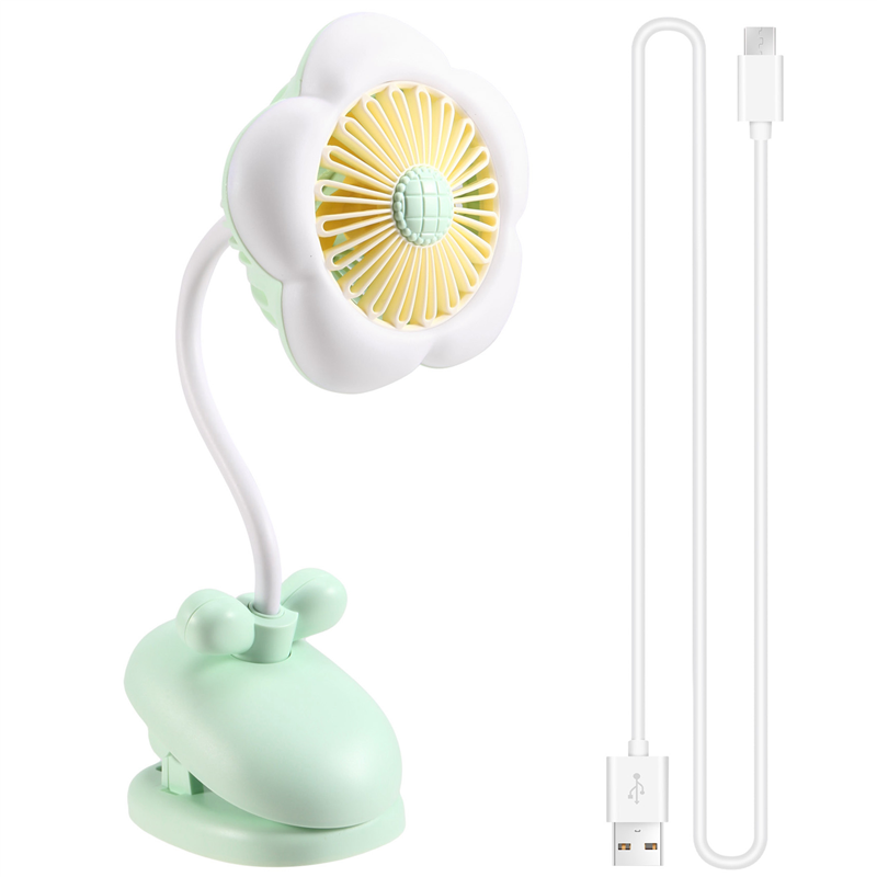 Mini Portable Fan with LED Light 3 Speed Quiet Mini Table Fan Cute Design Flower Clip on Fan for Home Office Stroller Camping Green
