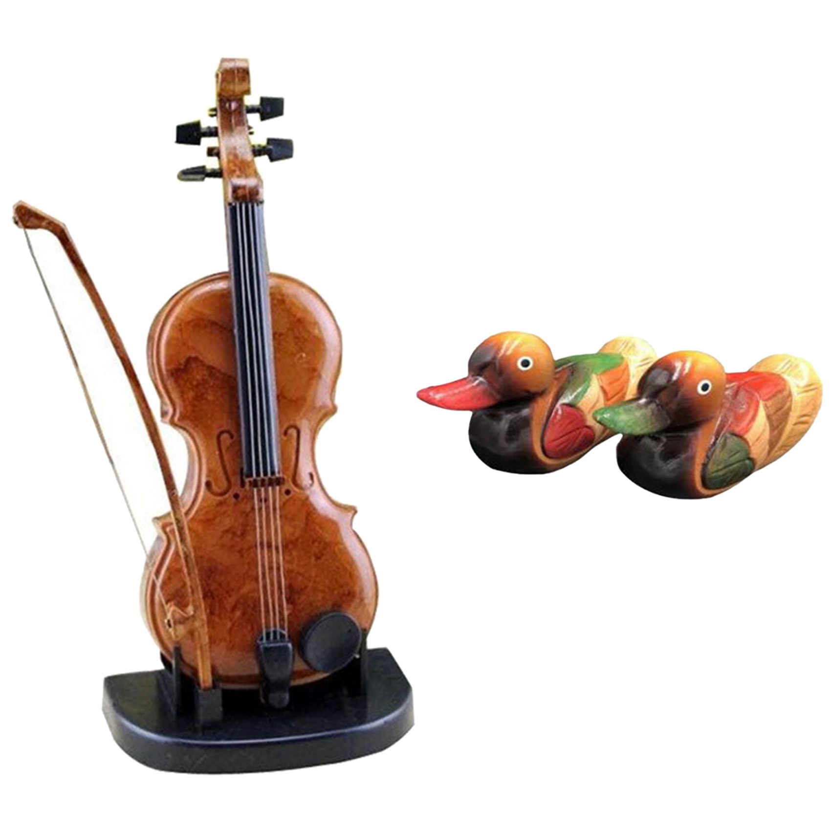 1 Pcs Hand-Drawn Violin Music Box Ornaments Cute Mini Music Box & 2 Pcs Wooden Model Decor