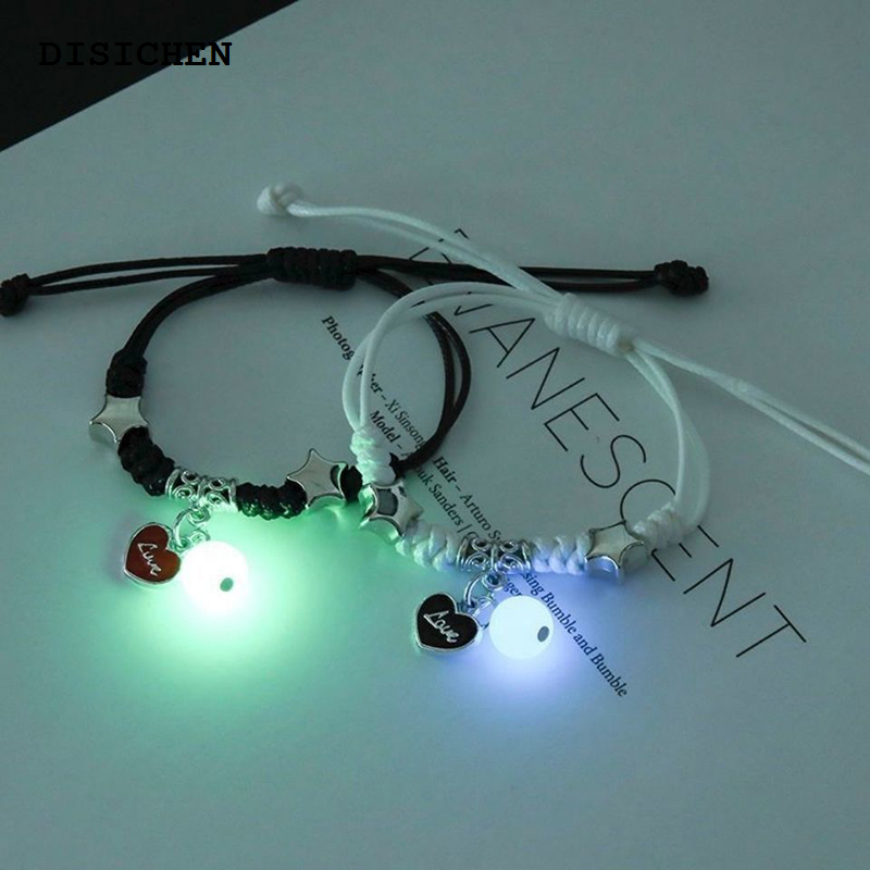 DISICHEN Original 2Pcs Fashion Luminous Couple Bracelets For Women Men Cute Animal Cat Moon Star Lock Key Pendant Jewelry Friendship Lover Gifts
