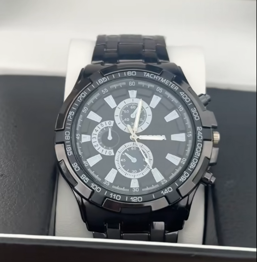 Fashionable Round Dial Stainless Steel Quartz Moment Black Watch For Men