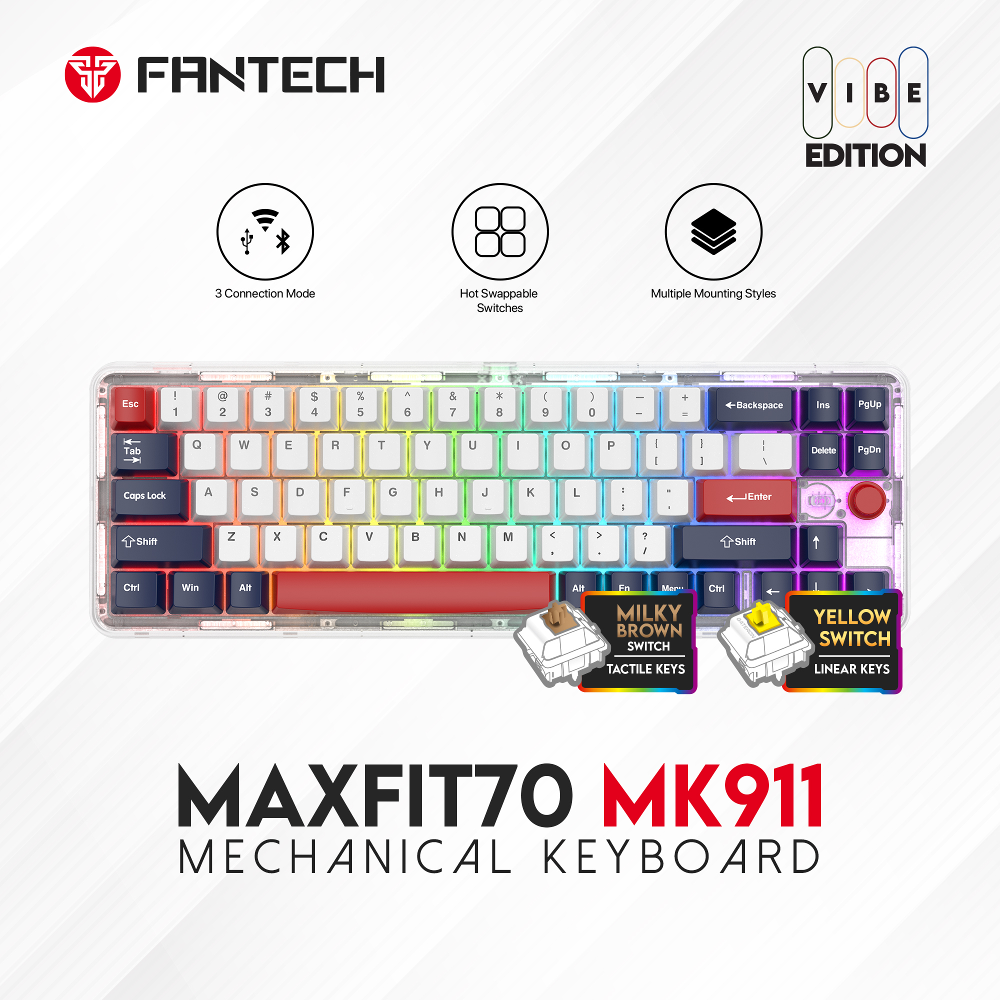 FANTECH MAXFIT70 MK911 Hot Swap Wireless and Wired Mechanical Keyboard-(Vibe London Tour)-Brown Switch