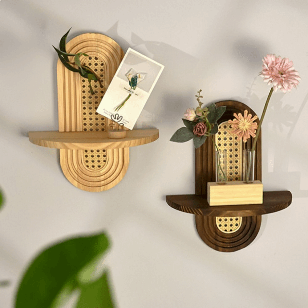 New Handmade Rattan Flower Shelf Geometric Boho Style Bamboo Wooden Shelf Decorative Floating Shelf Home Decor