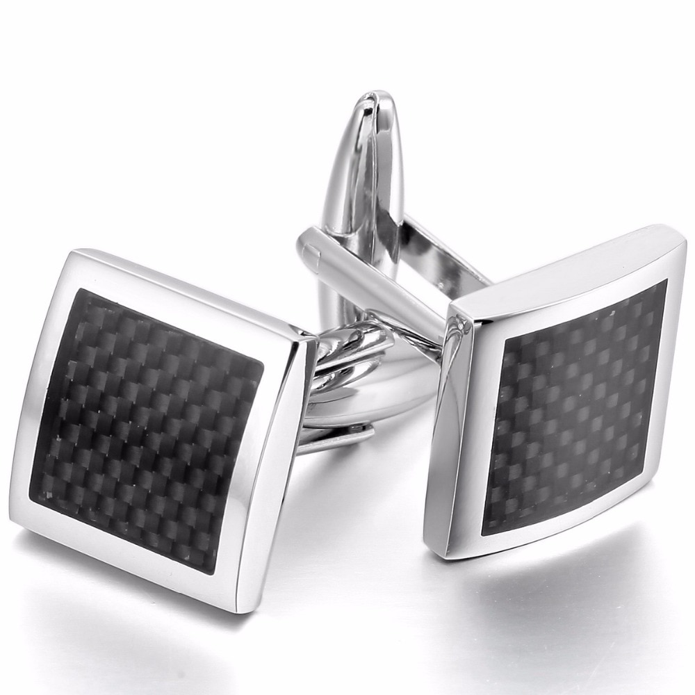 【VisioN Super Shop】Men 2 Rhodium-Plated Carbon-Fiber Silver-Tone Black Shirt Wedding Business 1 Pair Set