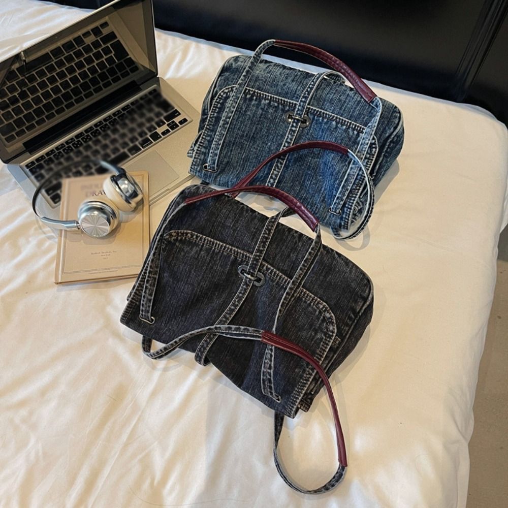 Fashionable Retro Denim Cloth Bag Large Capacity Shopping Bag Canvas Shoulder Bag Solid Color Simple Vintage Handbag Streetwear