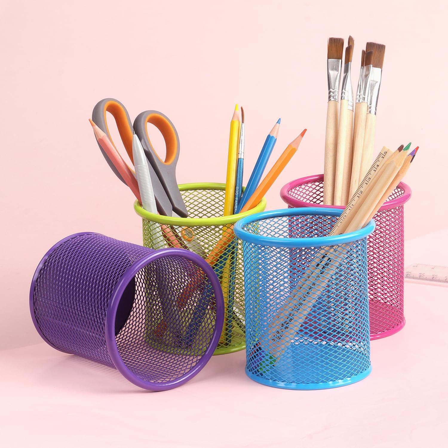 Metal Mesh Pen Stand - Round Desk Organizer for Makeup Brushes & Stationery (1 Piece)