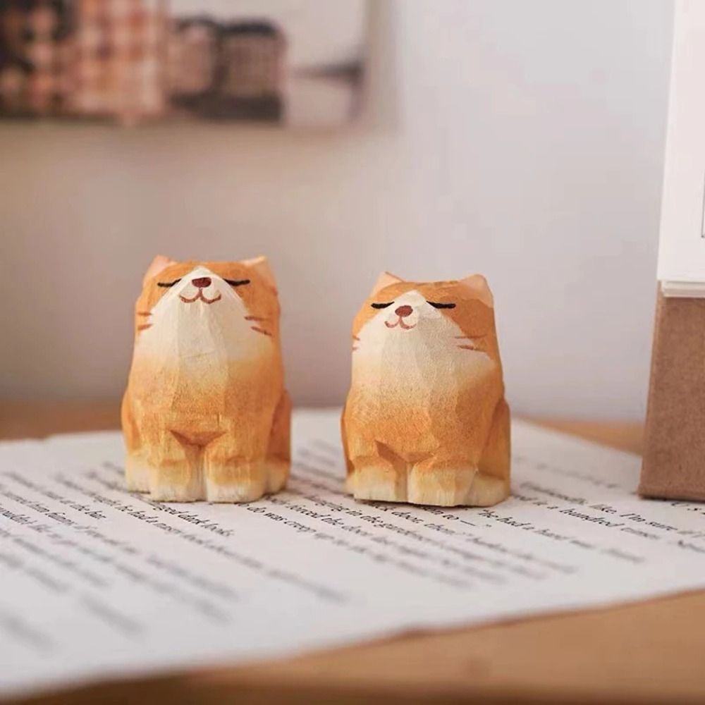 Hand Carving Mini Wooden Animal Figurine Cute Painted Cat Dog Statues Creative Kitten Sculpture Home