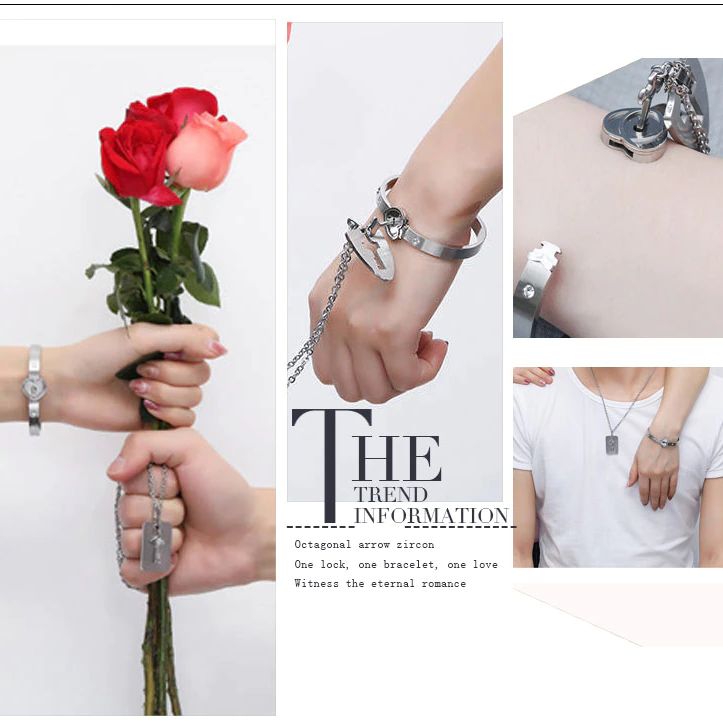ANX Couple Love Heart Lock Bracelet Stainless Steel With Key Pendant Necklace Jewelry Also For Unisex /Couples/Fashion