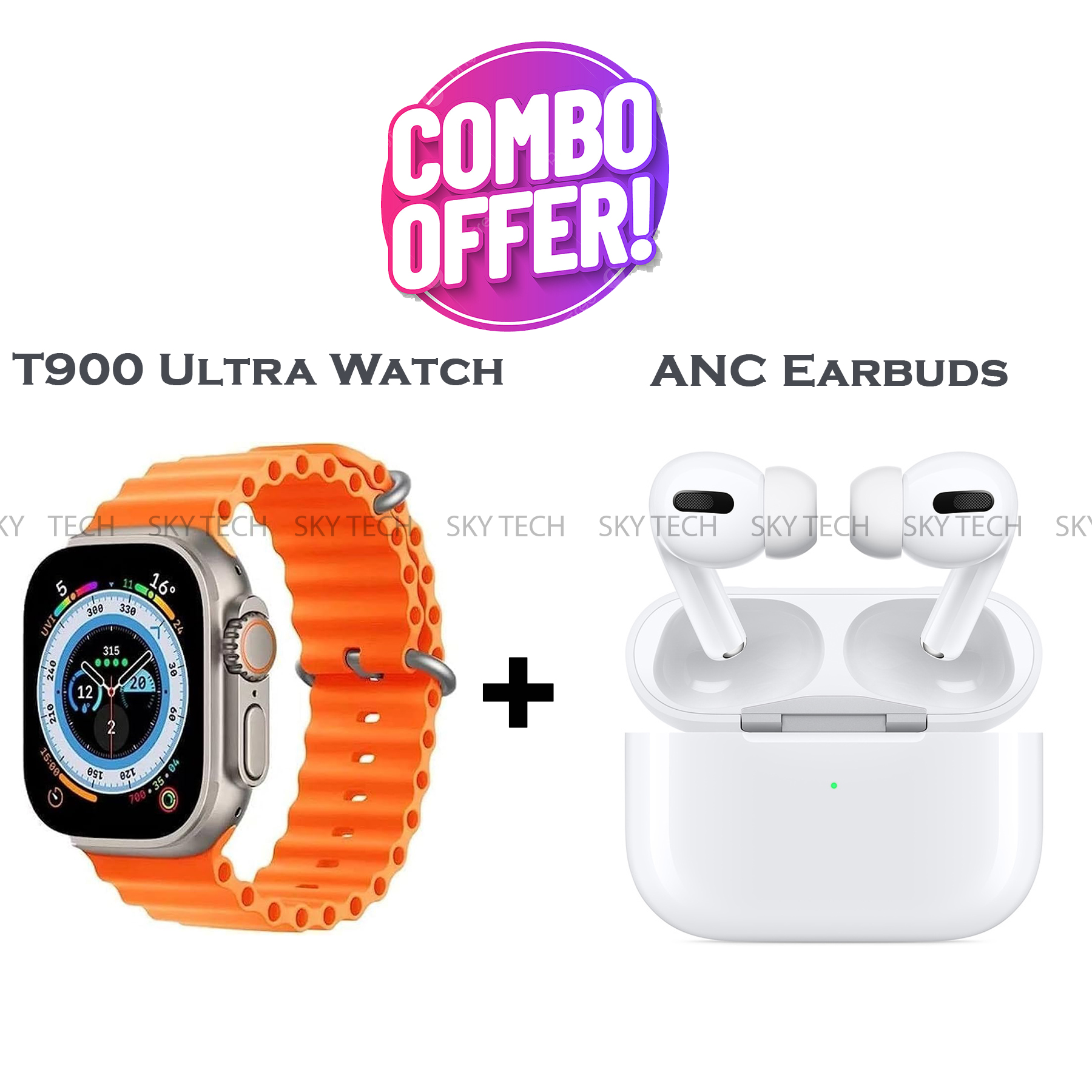 Combo Deal: Wireless ANC Earbuds Compatible with All Smartphones + T900 Ultra Series 8 Bluetooth Calling Smartwatch
