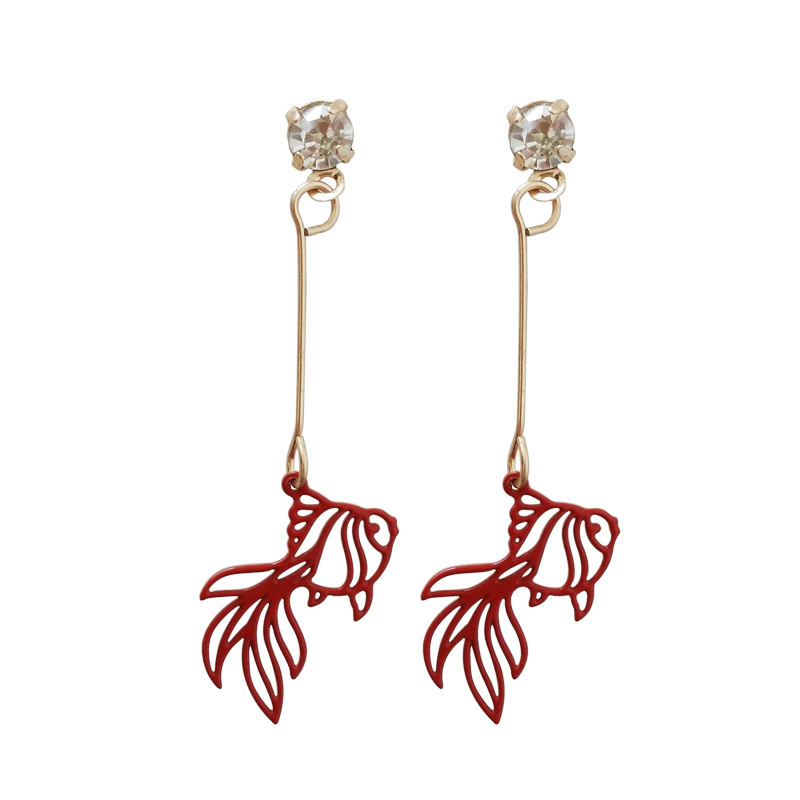 【Hongtai Store】Fashion crystal stud earrings mini cute goldfish earrings long asymmetric girl water droplets earrings for wo