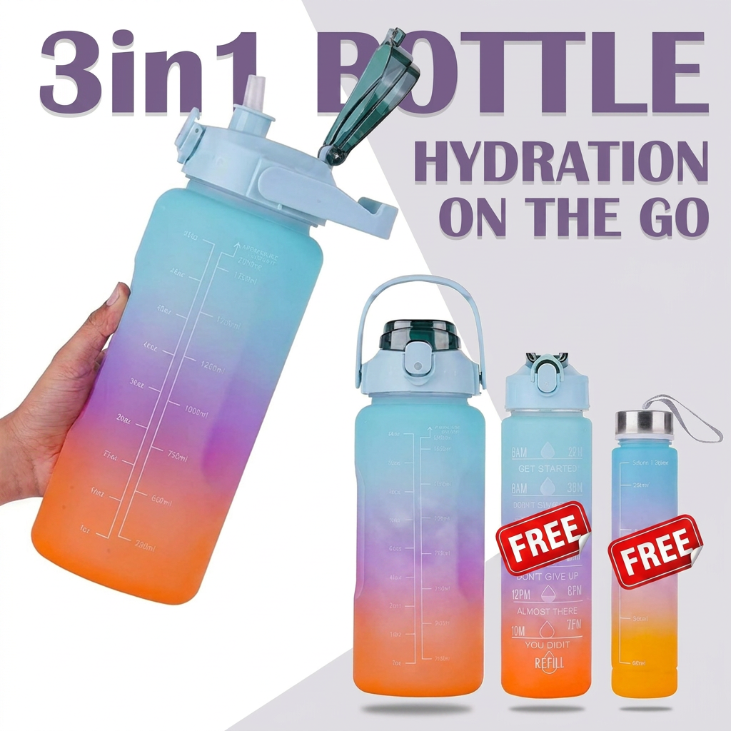 Prime Picks Premium 3-in-1 Motivational Water Bottle Set with Time Marker & Straw | 2L + 900ML + 300ML BPA Free Leakproof Water Bottle | Gym, Office, School, Sports, Fitness & Travel Hydration Bottle Set
