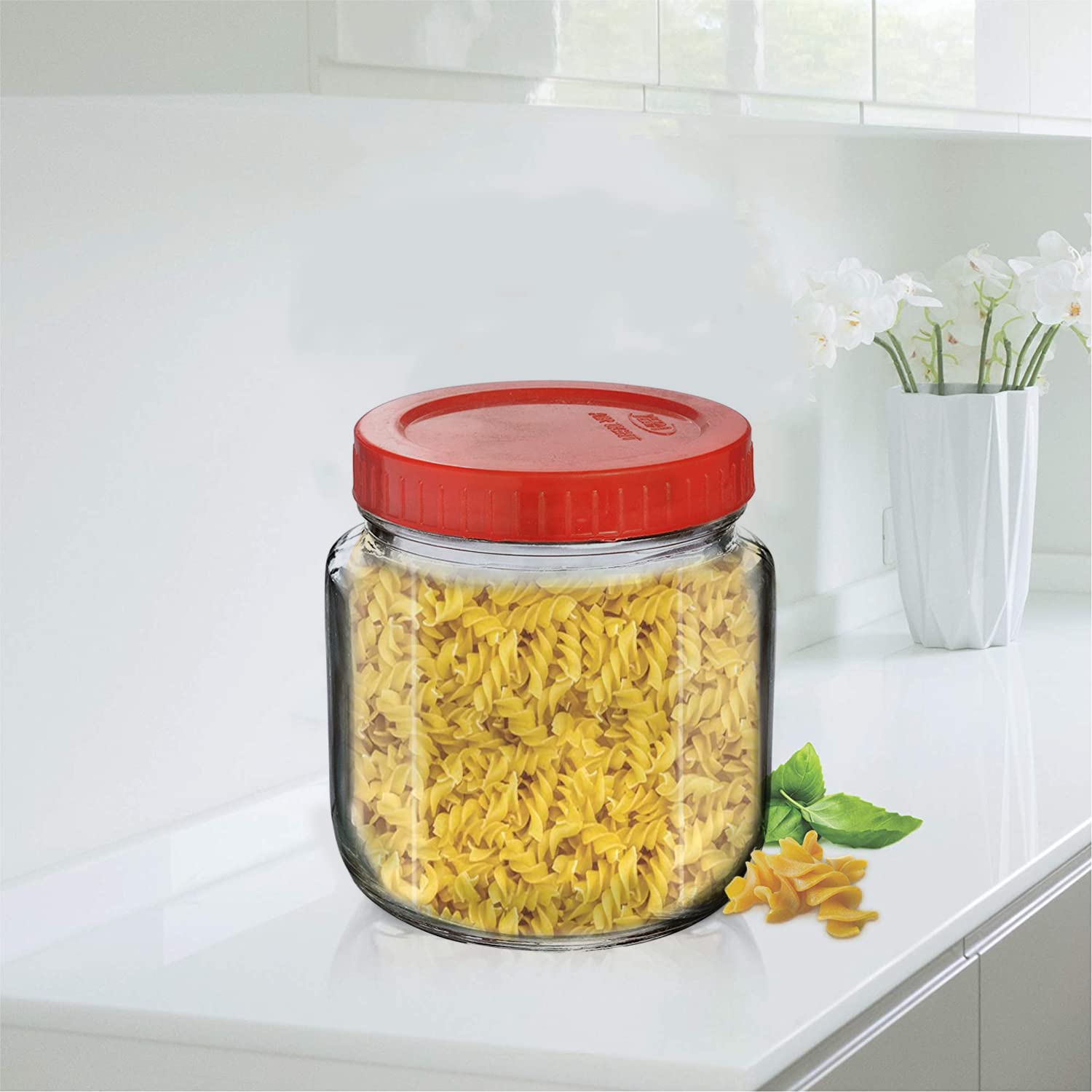 Round Shape Transparent Glass Jars & Containers for Kitchen Pantry, Snacks, Masala, Pickles, Dry Fruits, Coffee Beans Storage with Red Color Plastic Lid (Set Of 1)