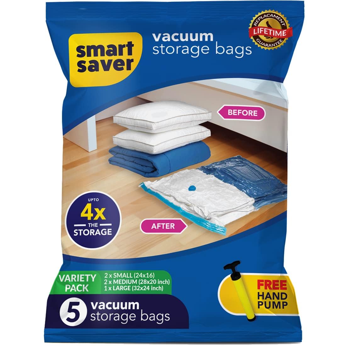 Pack of 5 Reusable Vacuum Storage Bags with Hand Pump - Space Saver for Travel and Home Use (2 Small + 2 Medium + 1 Large)