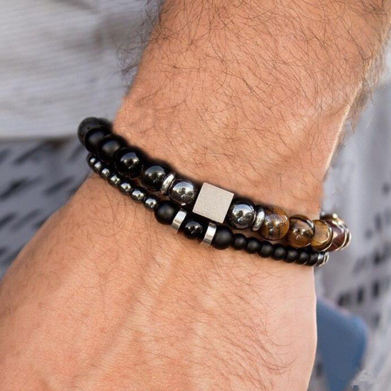 【New arrivals】8mm Black Frosted Tiger's Eye 4mm Iron Stone Cube Bracelet Bracelet suit