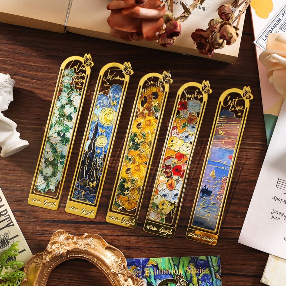 1pc New Metal Bookmarks Oil Painting Series Vintage Aesthetic Metal Bookmarks Hollow Out Page Marker Gift
