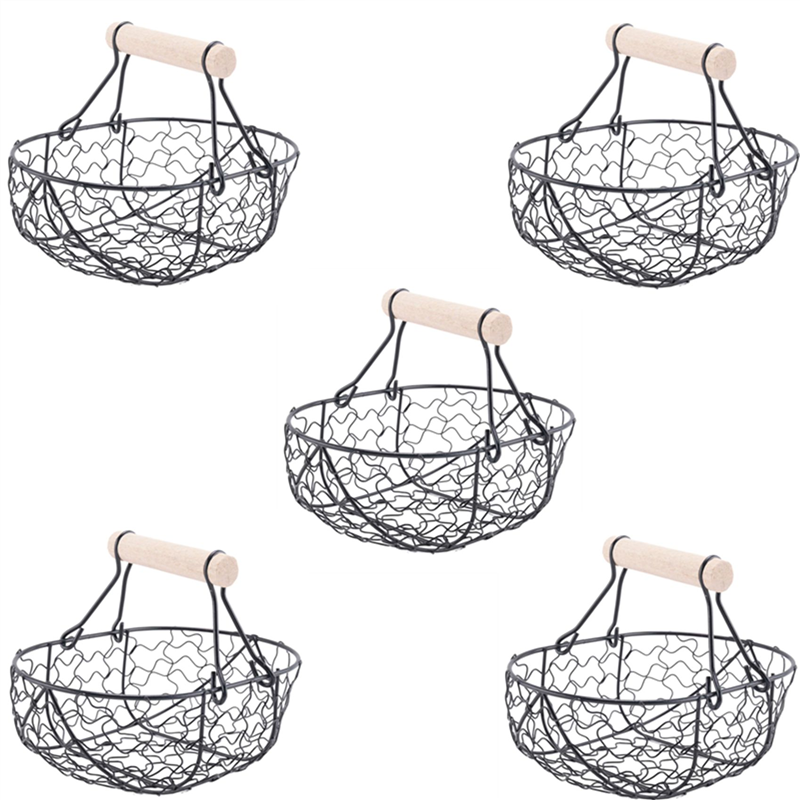 fasdaga 5X Wooden Handle Metal Retro Basket Portable Multi-Function Vegetable Fruit Egg Groceries Practical Storage Basket