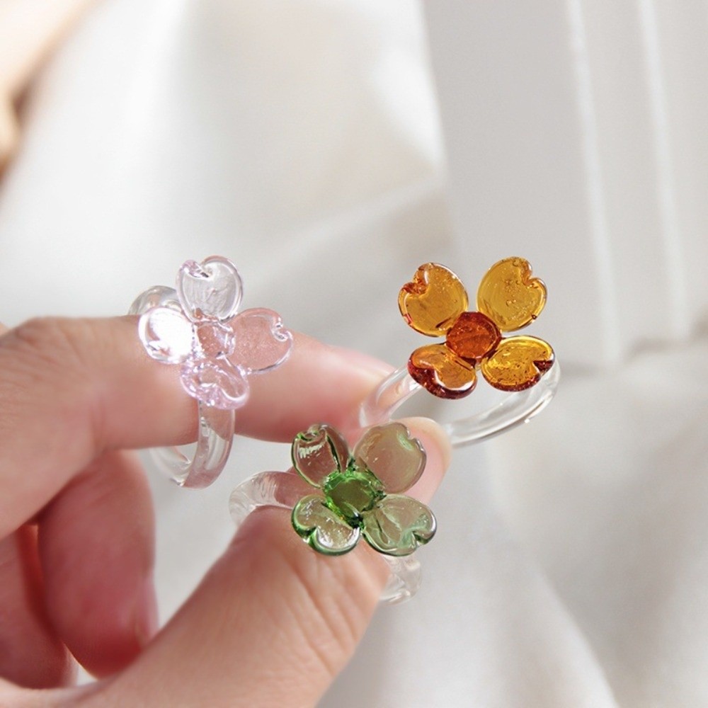 Daisy Handmade Glass Four-leaf Clover Ring Fashion Cute Flowers Finger Ring Elegant Vintage Coloured Glaze Ring Summer