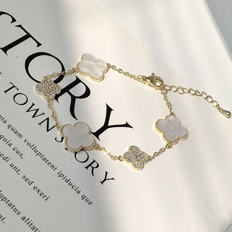 【Special offer】Pink White Plate Resin Four-leaf Clover Bracelet Micro-inlaid Zircon Small Fresh Sweet Cute Women's Lucky Grass Bracelet