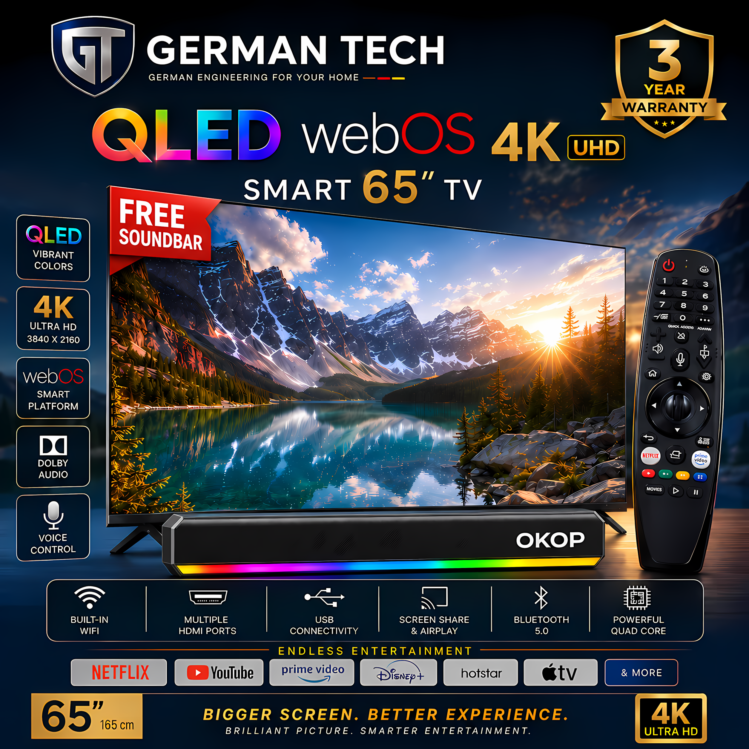 German Tech 65 Inch WebOS QLED 4k TV GT65DWB109UHD | 4K UHD WebOS QLED Television | High Contrast | Metal Back | Magic Remote & Voice Control | Bezel-less Design | Dolby Audio |Immersive Gaming Ps5 Xbox | Bluetooth & Wi-Fi | 3 Years Warranty | NovaHub