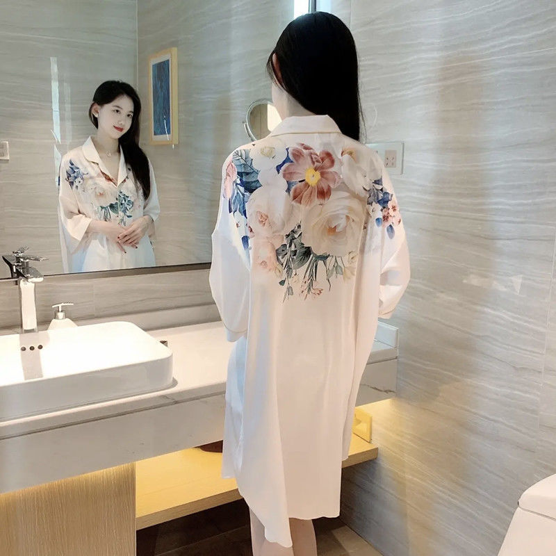 Pajamas women's summer nightdress silk can be worn outside the 2024 new ice silk net red over-the-knee shirt dress loungewear
